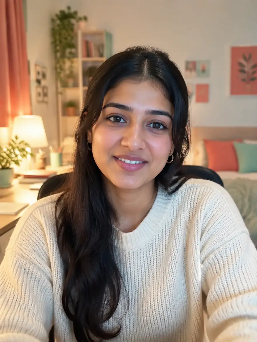 A woman speaking confidently on a video call